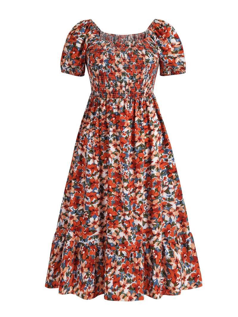 Frenchy Style Ditsy Floral Print Puff Sleeve A Line Maxi Dress, Square