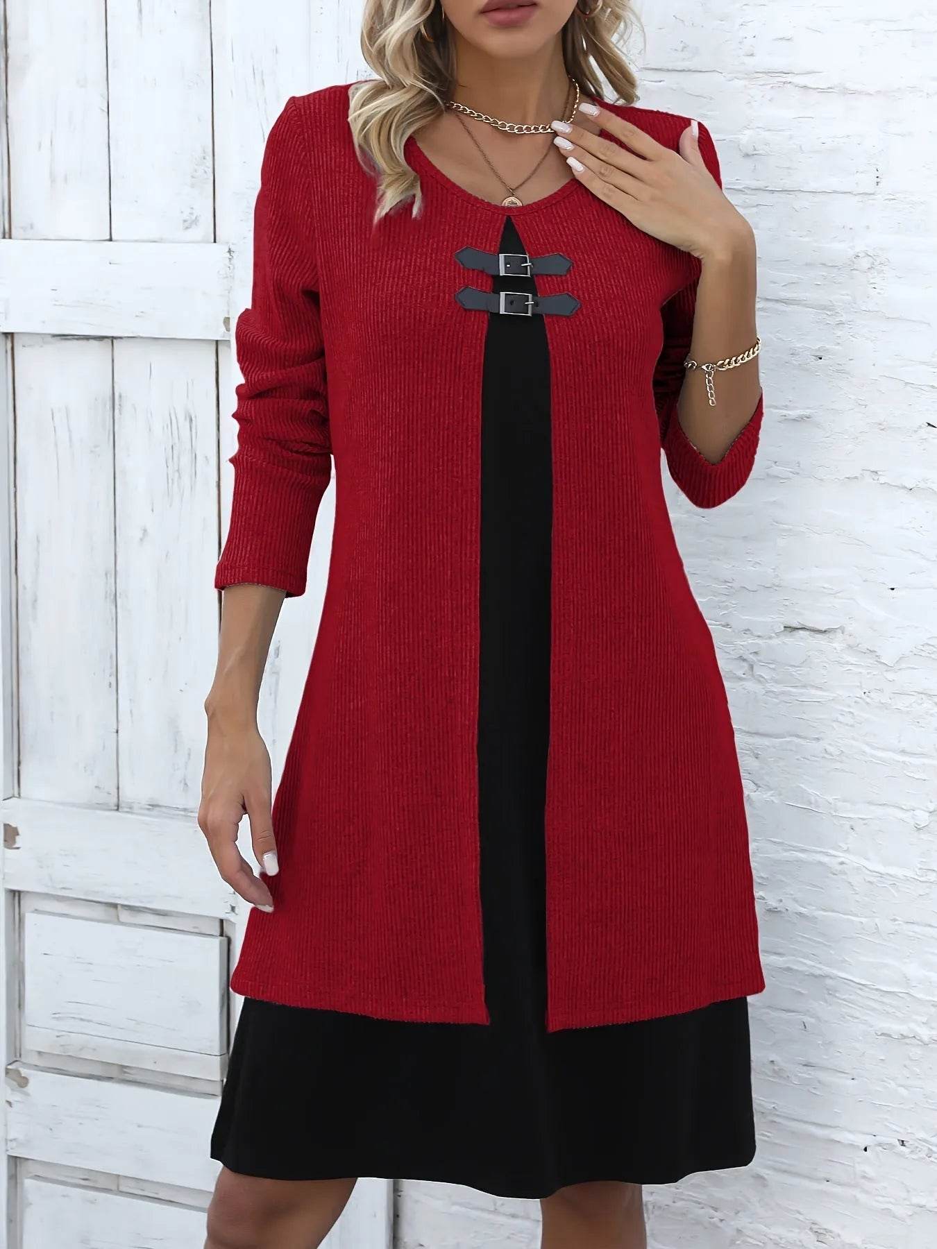 Women's Elegant Fake Two-Piece Long Sleeve Round Neck Dress
