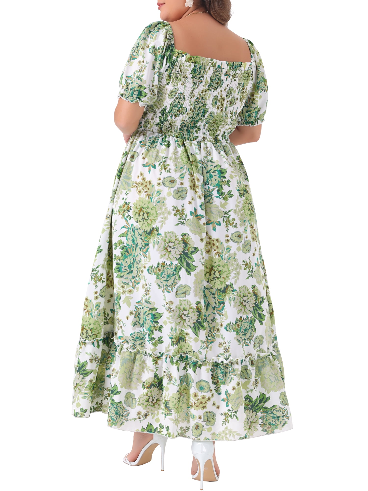 Women's Plus Size Square Neck Short Sleeve Smocked Boho Floral Maxi Dresses
