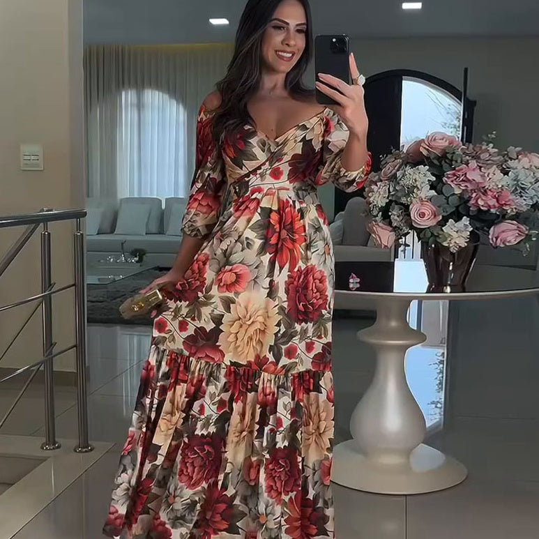 🌹Limited Sale 50% OFF🌹Women's V-Neck Floral Printed Pleated Dress