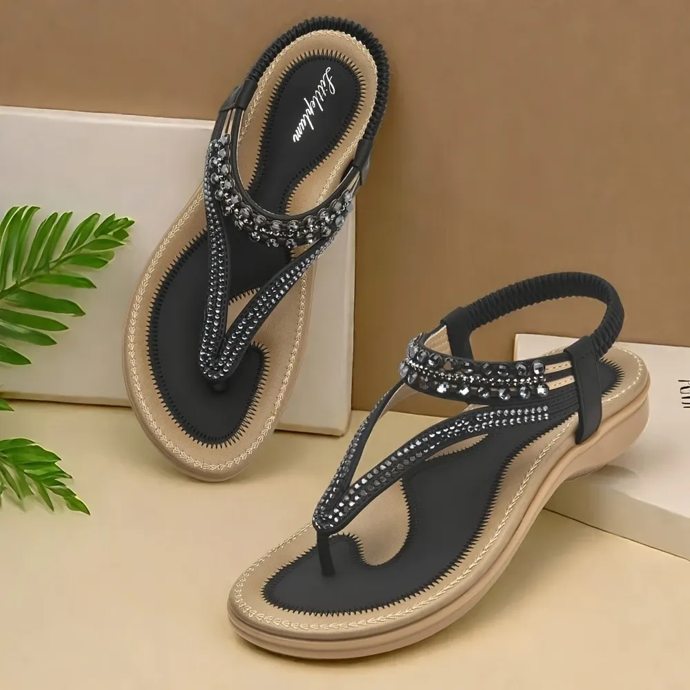 📢🔥 Last Day Promotion 70% OFF🔥Women's T-strap flat sandals with sparkling rhinestones