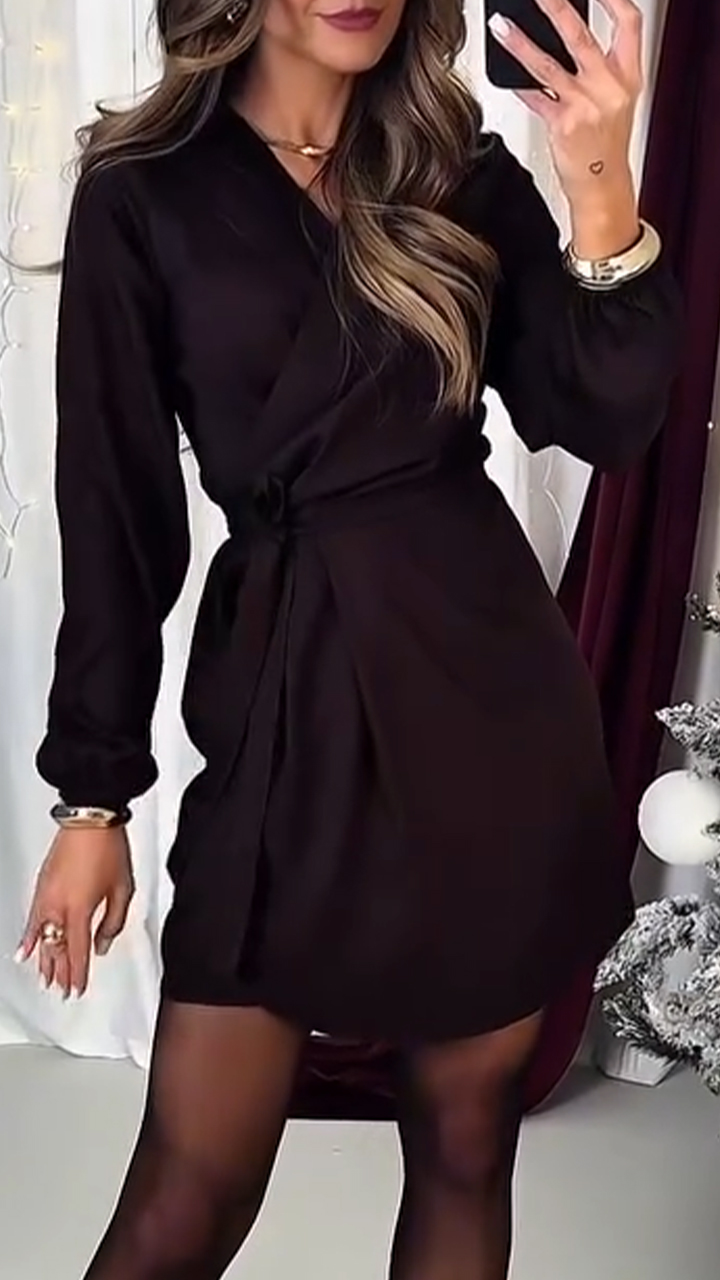 Women V-neck Solid Color Elegant Temperament Dress