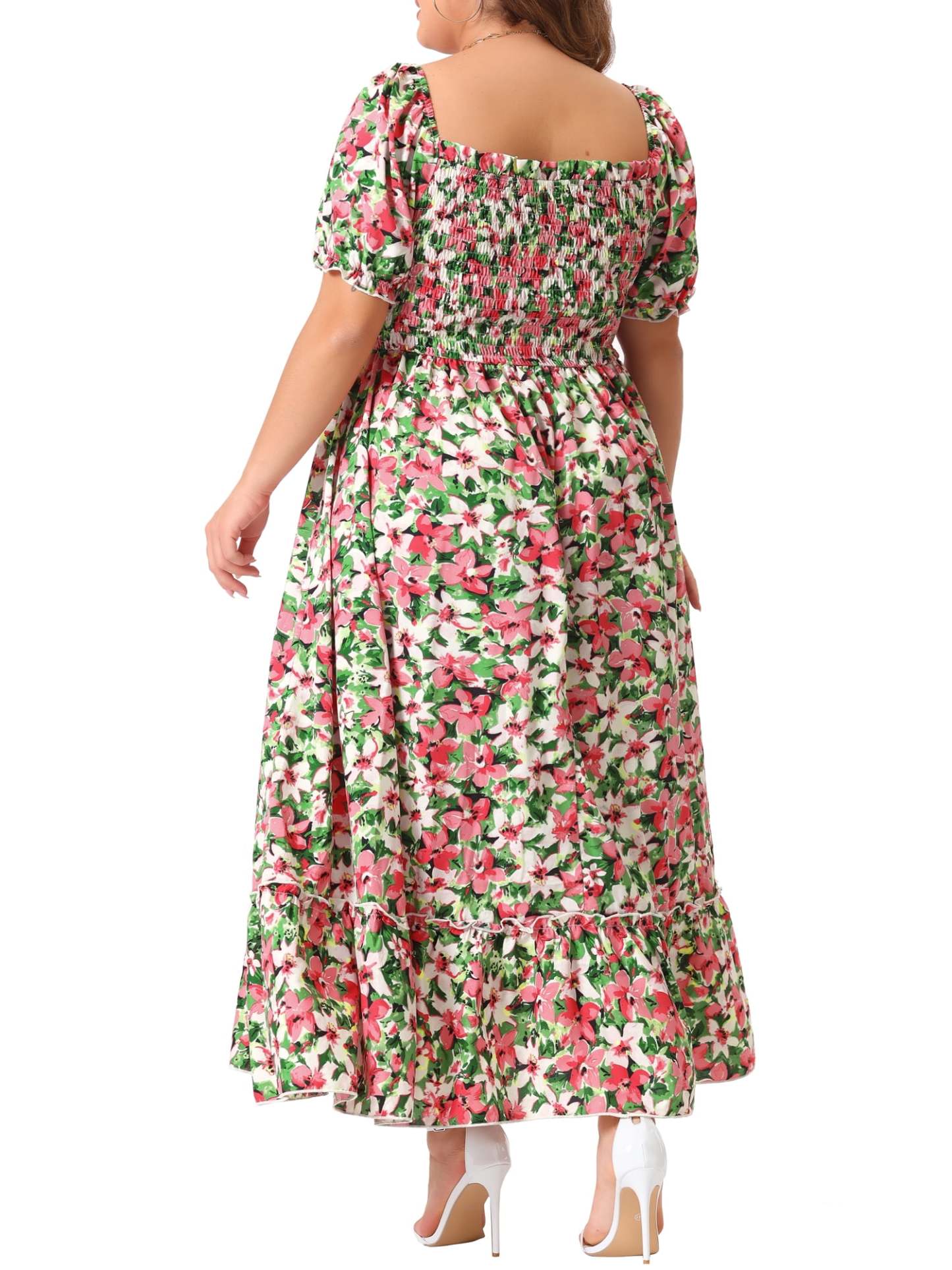 Women's Plus Size Square Neck Short Sleeve Smocked Boho Floral Maxi Dresses