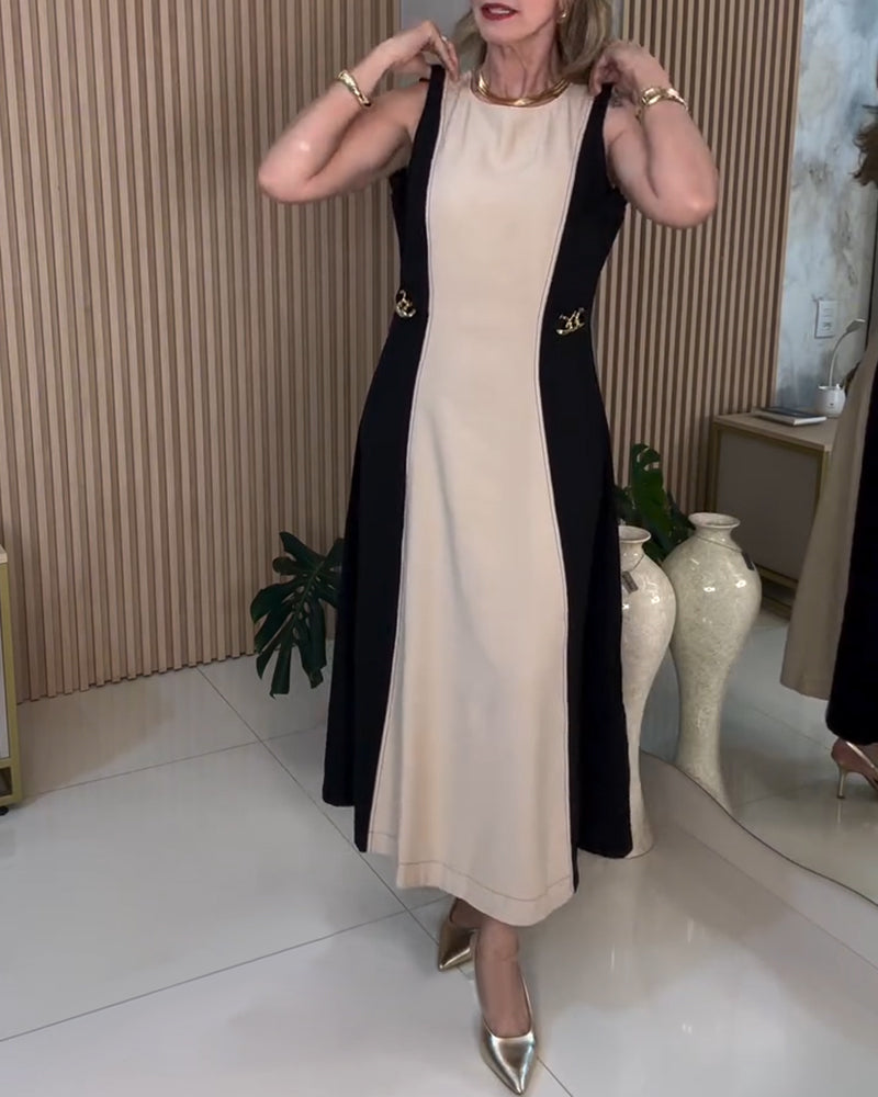 Sukienka bez rękawów w kontrastowym kolorze z elegancką talią