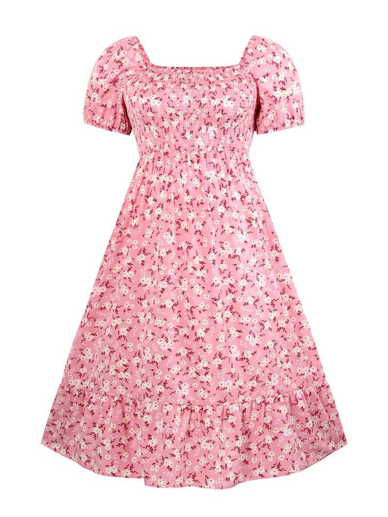 Frenchy Style Ditsy Floral Print Puff Sleeve A Line Maxi Dress, Square Neck Shirred Dress