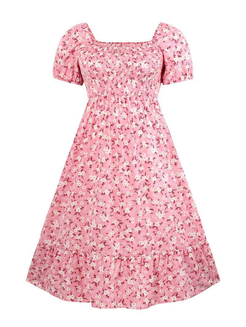 Frenchy Style Ditsy Floral Print Puff Sleeve A Line Maxi Dress, Square Neck Shirred Dress