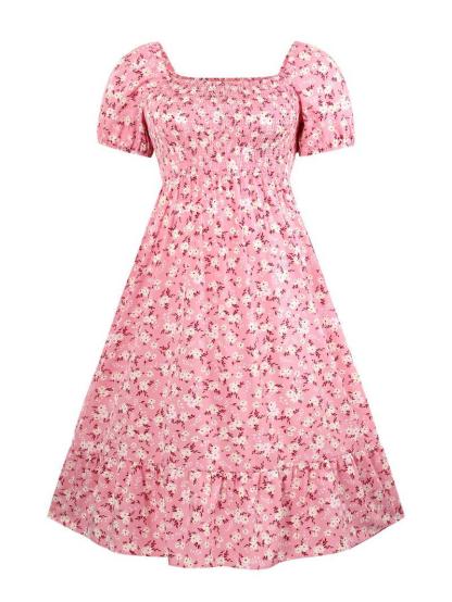 Frenchy Style Ditsy Floral Print Puff Sleeve A Line Maxi Dress, Square Neck Shirred Dress