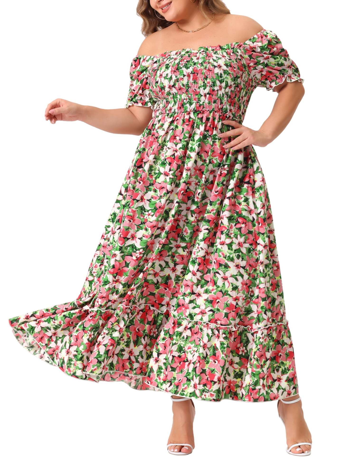 Women's Plus Size Square Neck Short Sleeve Smocked Boho Floral Maxi Dresses
