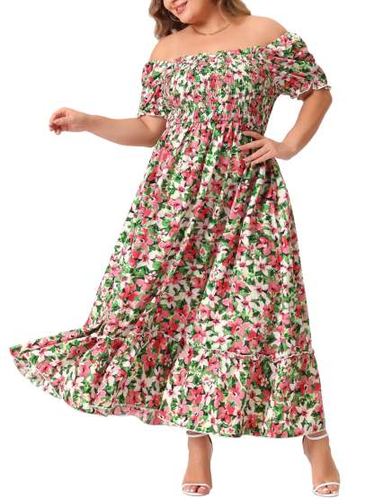 Women's Plus Size Square Neck Short Sleeve Smocked Boho Floral Maxi Dresses