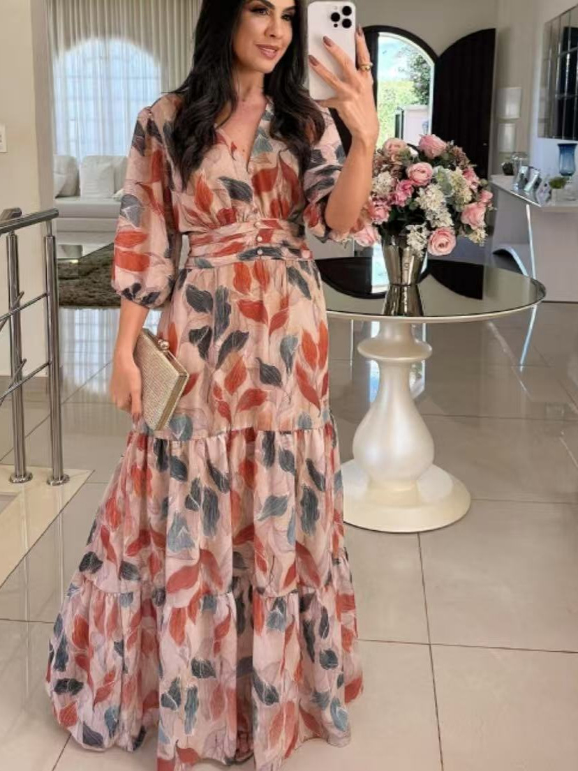 Women's New Summer V-Neck Fashionable Elegant Printed Midi Dress