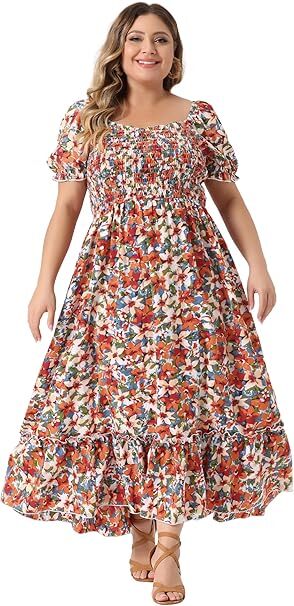 Frenchy Style Ditsy Floral Print Puff Sleeve A Line Maxi Dress, Square Neck Shirred Dress