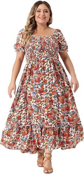 Frenchy Style Ditsy Floral Print Puff Sleeve A Line Maxi Dress, Square Neck Shirred Dress