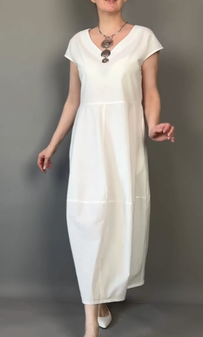 V-neck solid color stitching casual loose cotton dress