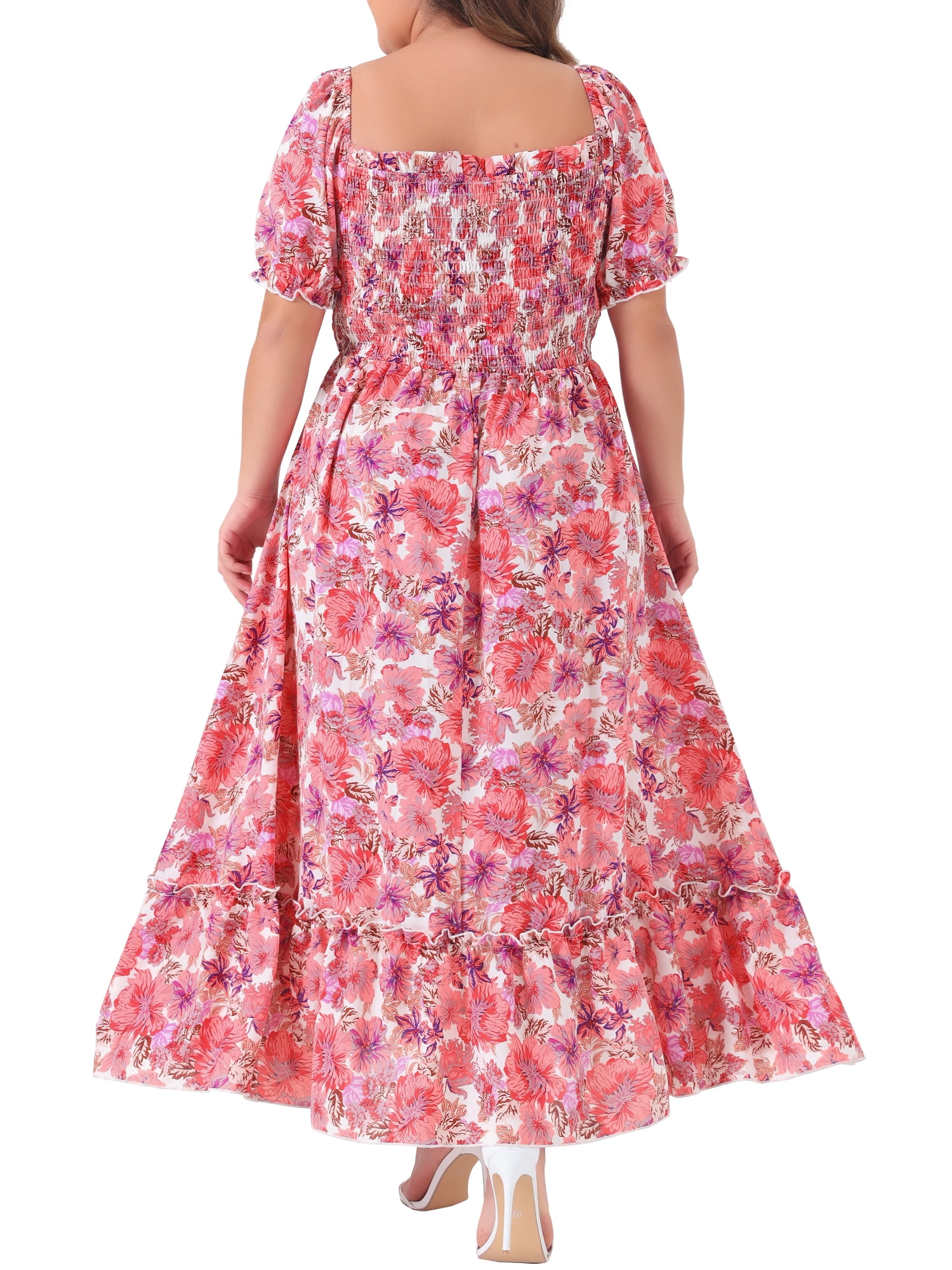 Women's Plus Size Square Neck Short Sleeve Smocked Boho Floral Maxi Dresses