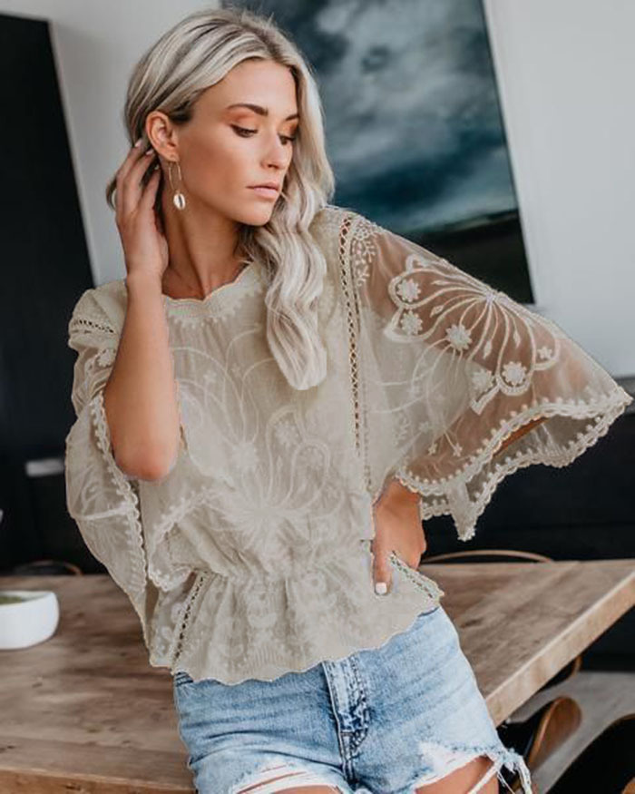 Women's Oversize Bohemian Embroidery Cotton Batwing Blouse Top