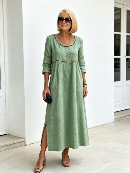 Cotton and Linen Side Split Neck Loose 7-point Sleeve Hollow Holiday Dress