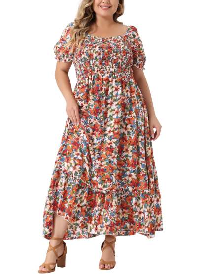 Women's Plus Size Square Neck Short Sleeve Smocked Boho Floral Maxi Dresses