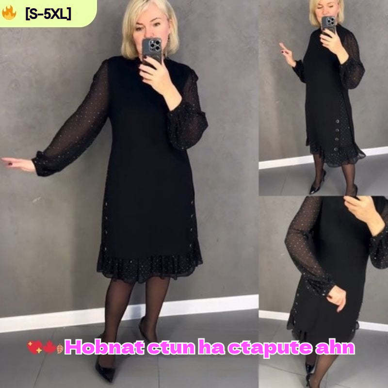 🔥👗[S~5XL]Nowa modna, luźna sukienka z falbaną, w jednolitym kolorze, z długim rękawem