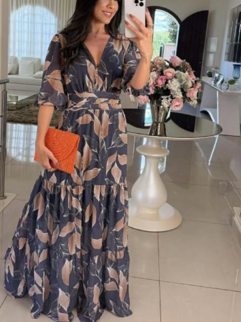 Women's New Summer V-Neck Fashionable Elegant Printed Midi Dress