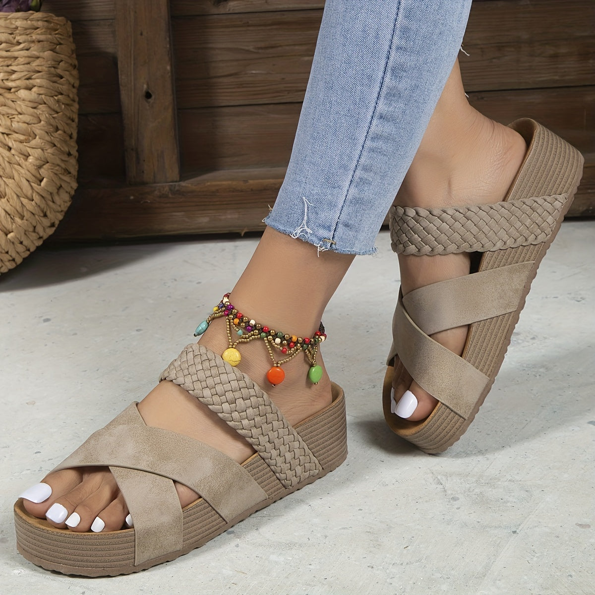 Braided Criss Cross Platform Slippers
