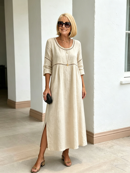 Cotton and Linen Side Split Neck Loose 7-point Sleeve Hollow Holiday Dress