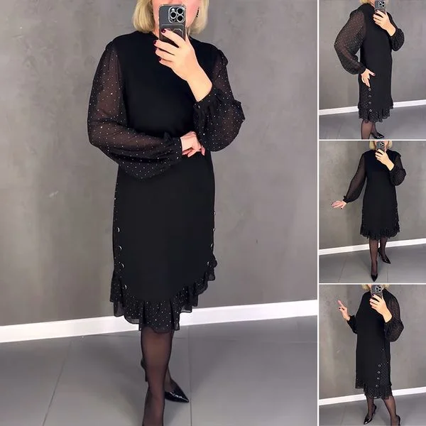 🔥👗【S～5XL】Nowa modna, luźna sukienka z falbaną, w jednolitym kolorze, z długim rękawem