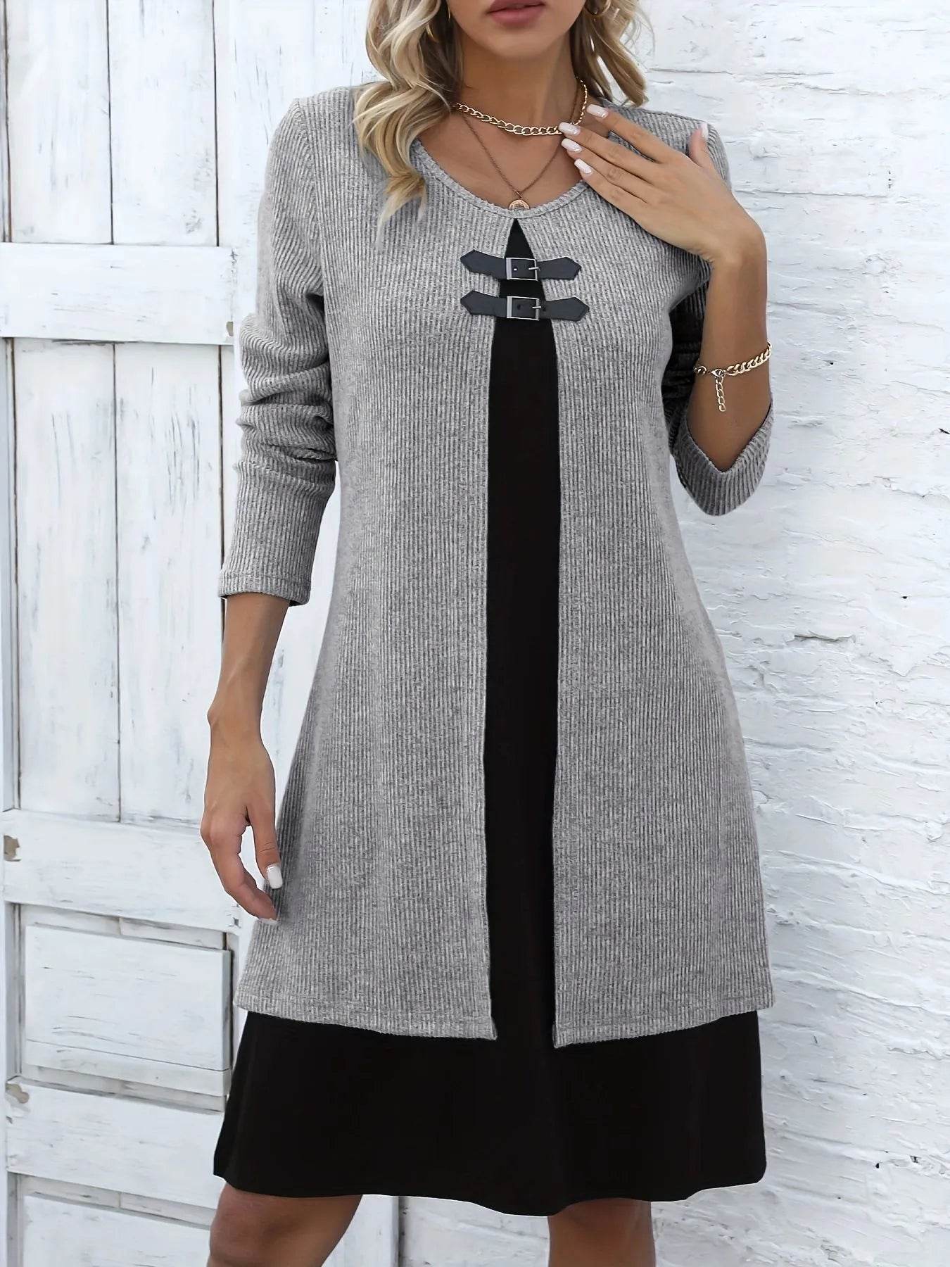 Women's Elegant Fake Two-Piece Long Sleeve Round Neck Dress