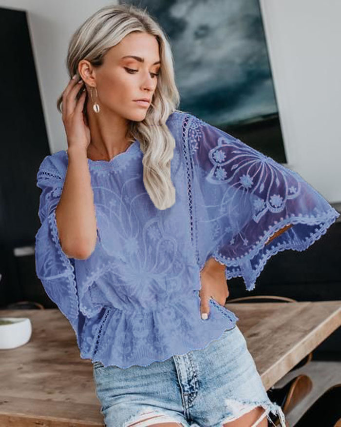 Women's Oversize Bohemian Embroidery Cotton Batwing Blouse Top