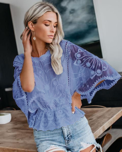 Women's Oversize Bohemian Embroidery Cotton Batwing Blouse Top