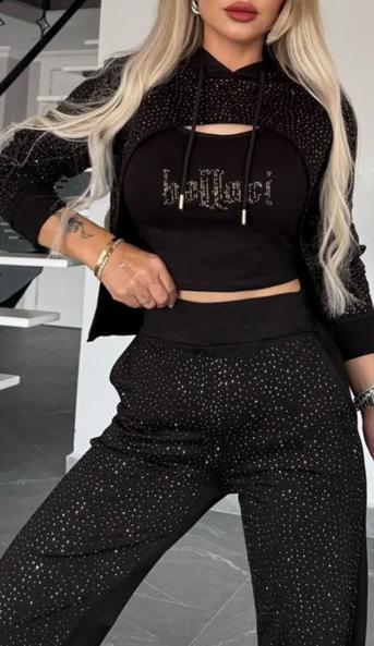 Women's sequined hoodie, rhinestone letter vest, and pants three piece set