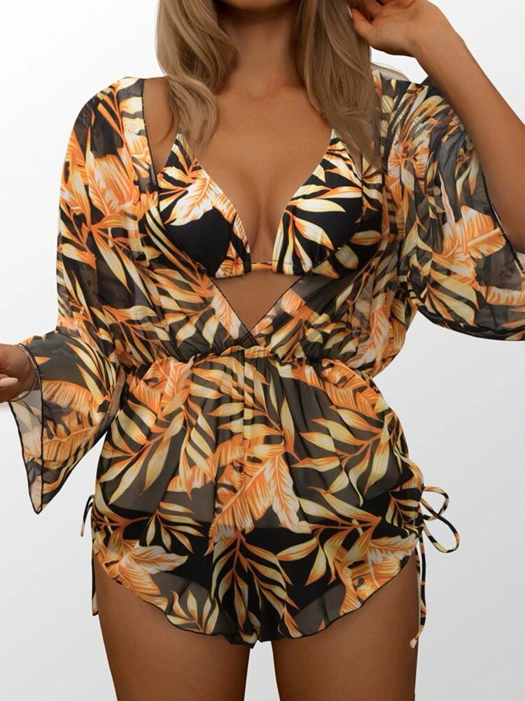 GEOMETRIC PRINT HALTER BIKINI SWIMSUIT & COVER UP 3 PIECE SET
