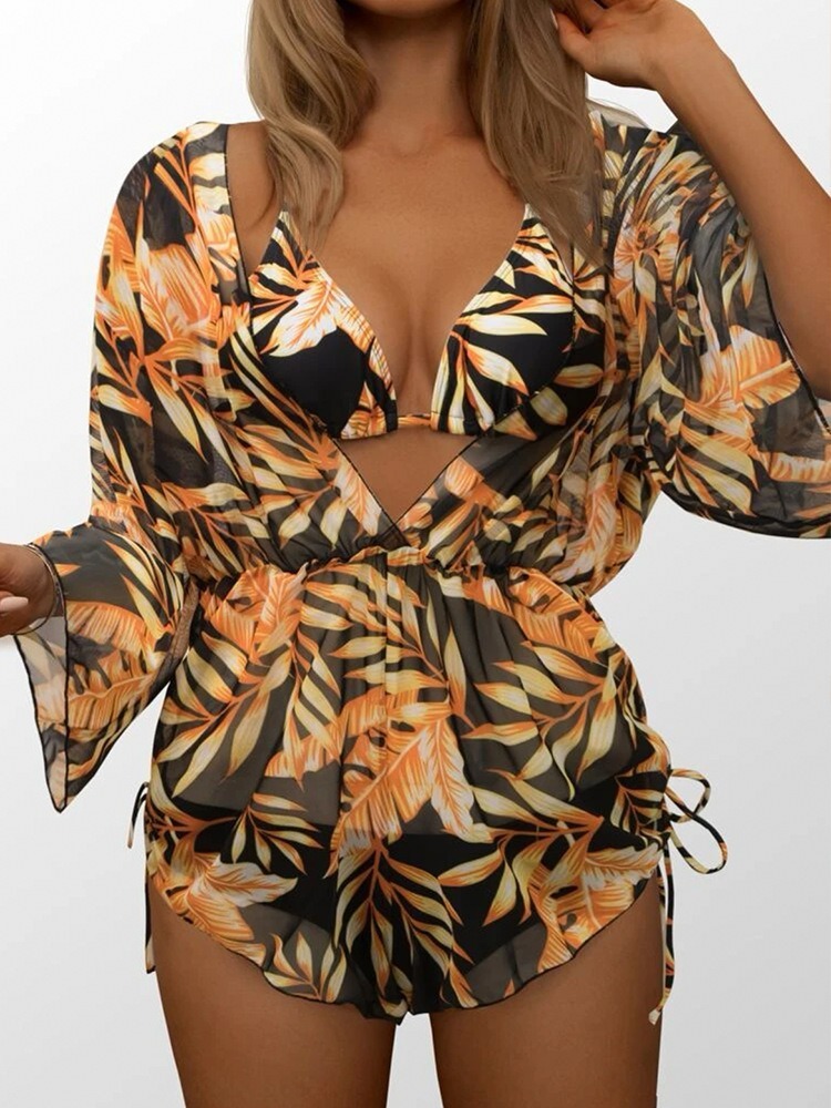 GEOMETRIC PRINT HALTER BIKINI SWIMSUIT & COVER UP 3 PIECE SET