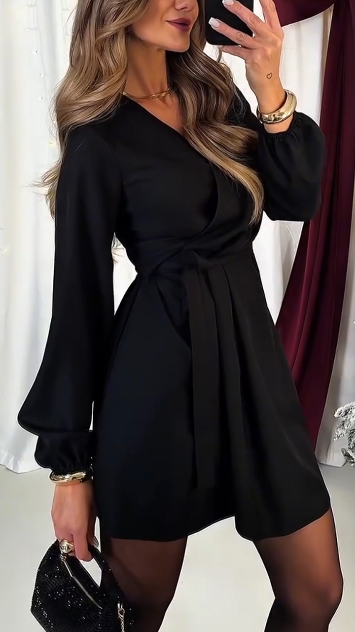 Women V-neck Solid Color Elegant Temperament Dress