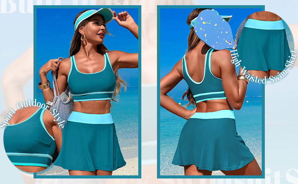 Women's High Waisted Bikini Sets Tummy Control Swim Skirt Two Piece Swim Suit Bathing Suit