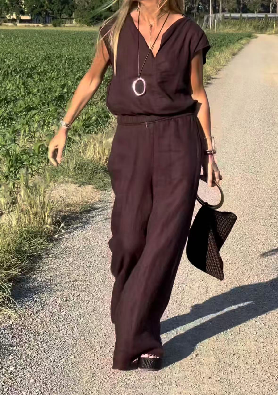 Women'S Casual Cotton And Linen Vest Trousers Two-Piece Set