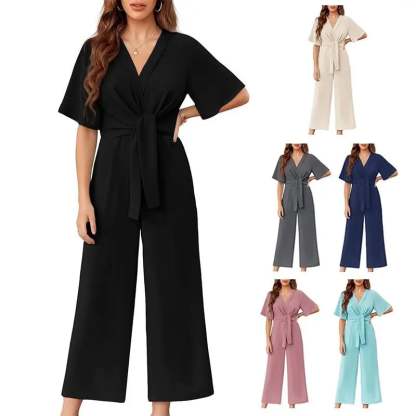 Womens Wide Leg Jumpsuits Short Sleeve V Neck Tie Knot High Waist Summer Long Romper