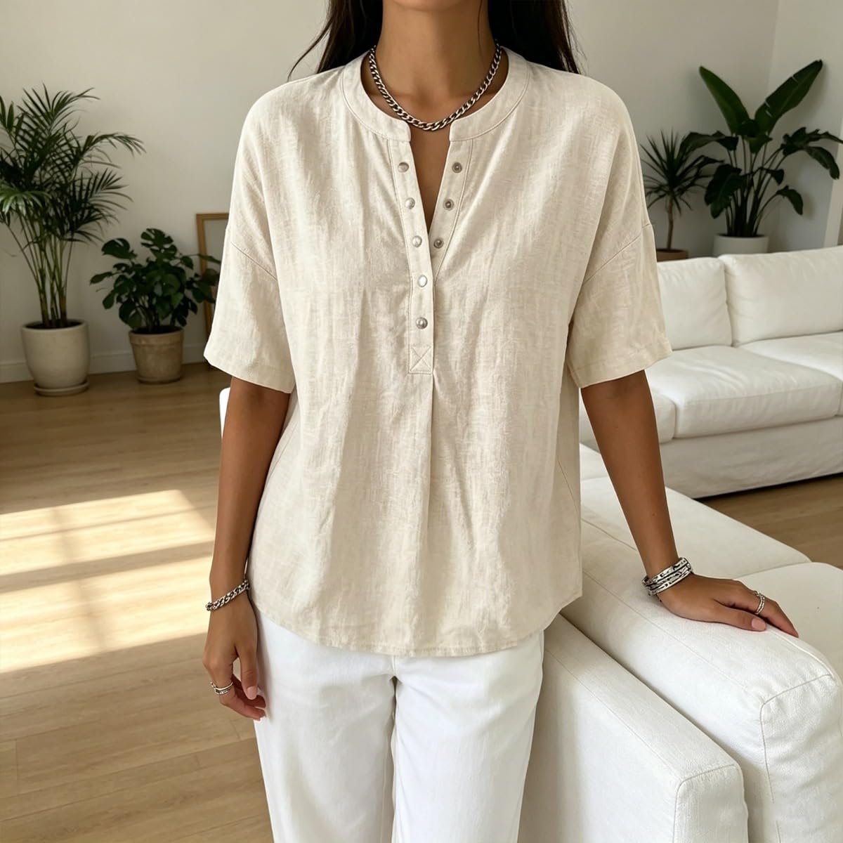 New Arrivals🔥Women's Casual Henley Collar Linen And Cotton Short-sleeve Shirt