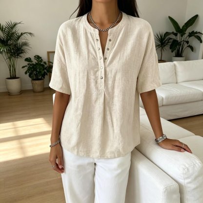 New Arrivals🔥Women's Casual Henley Collar Linen And Cotton Short-sleeve Shirt
