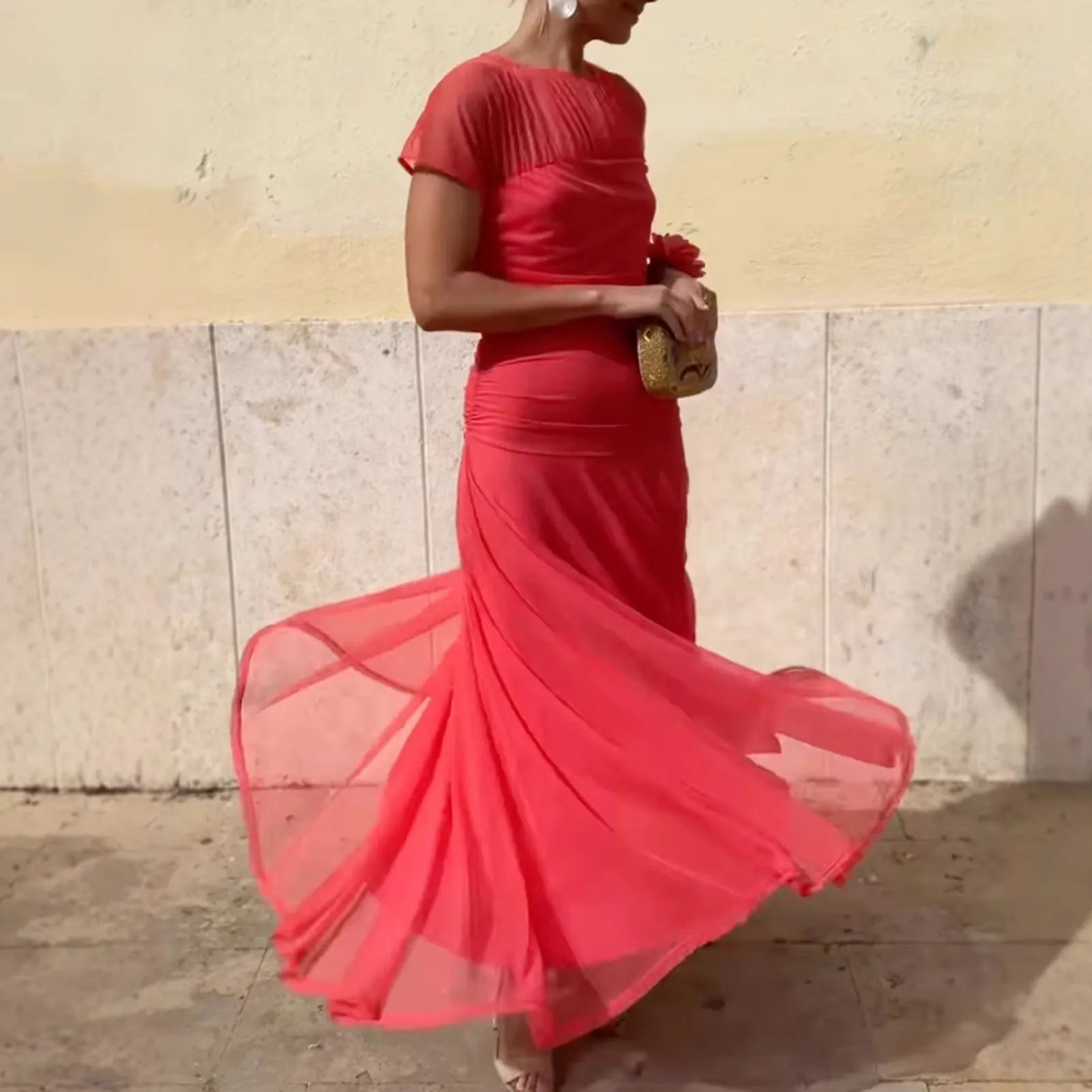 Maxi Dress with Sheer Short Sleeves and Tiered Skirt