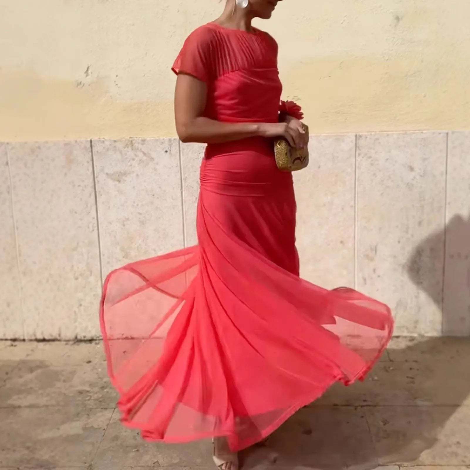 Maxi Dress with Sheer Short Sleeves and Tiered Skirt