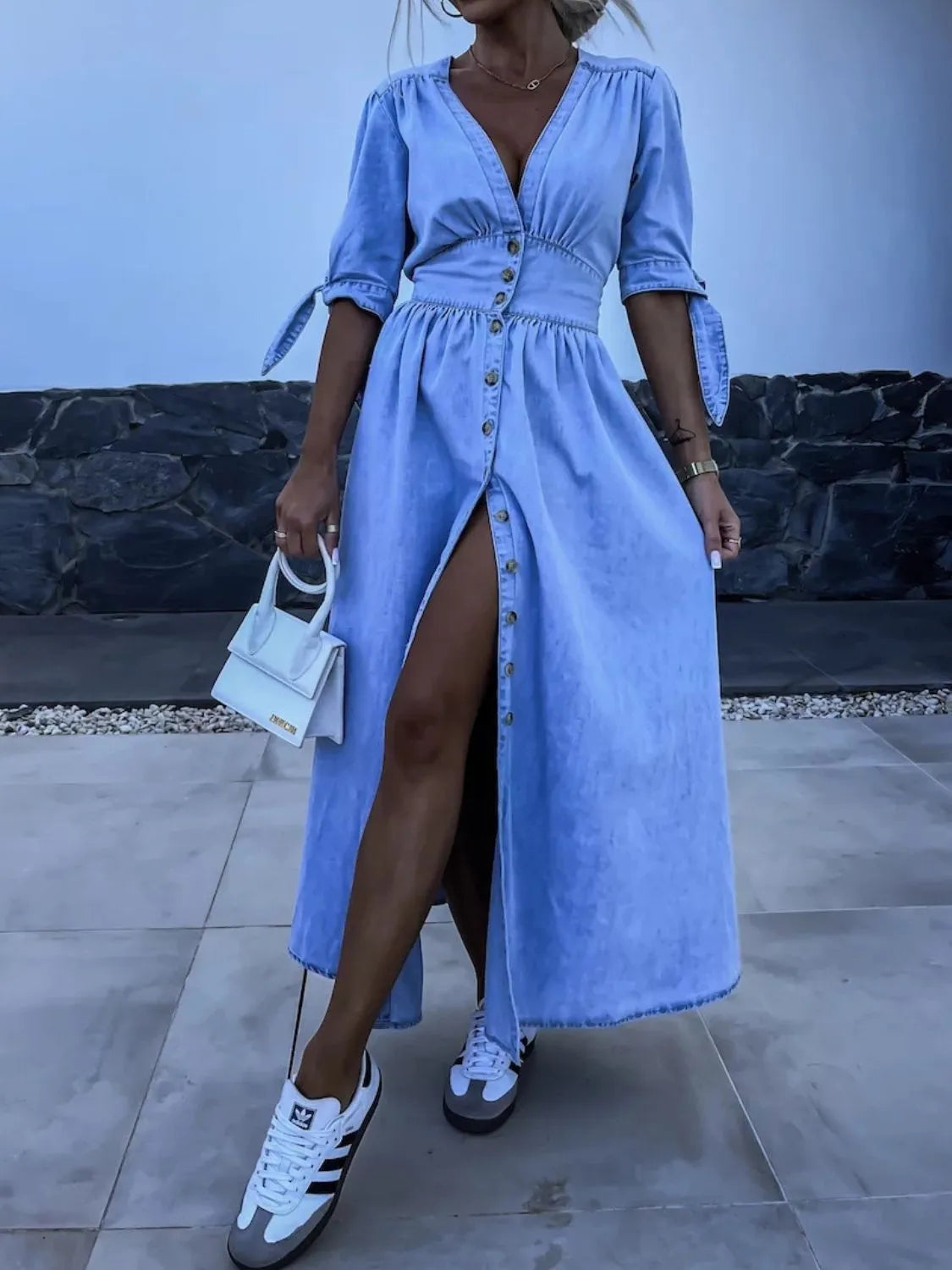 Button Front V-Neck Half Sleeve Denim Dress