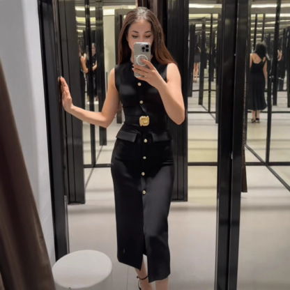 Round Neck Belt Sexy Sleeveless Midi Dress