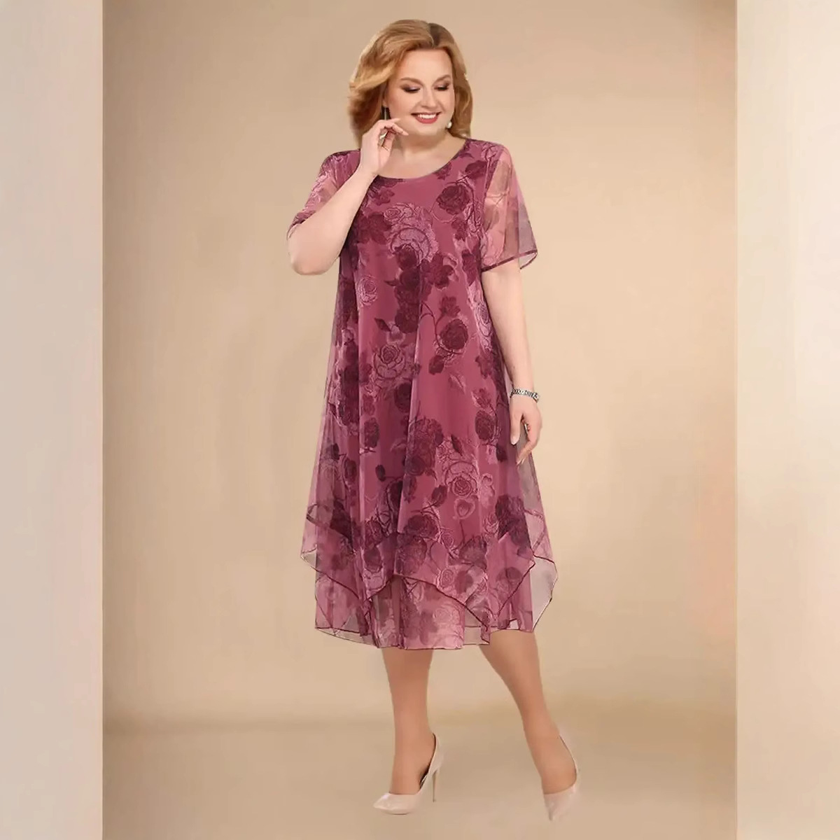 Elegant Short Sleeve Floral Chiffon Asymmetrical Dress