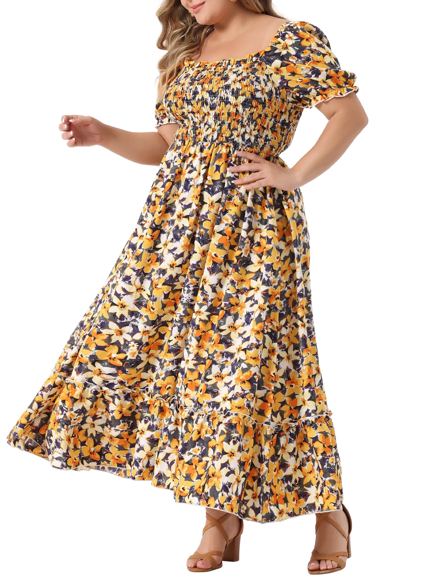 Women's Plus Size Square Neck Short Sleeve Smocked Boho Floral Maxi Dresses