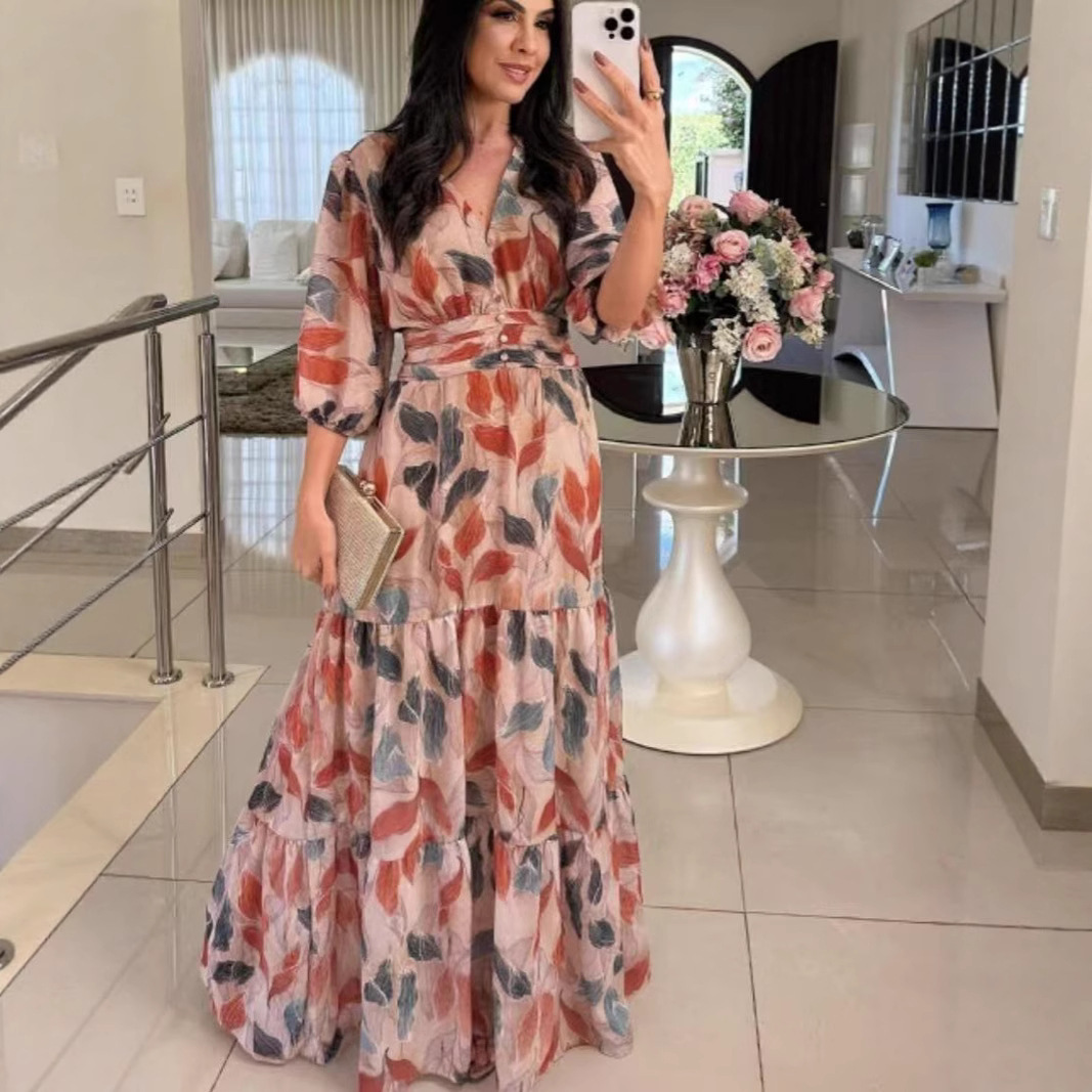 Women's New Summer V-Neck Fashionable Elegant Printed Midi Dress