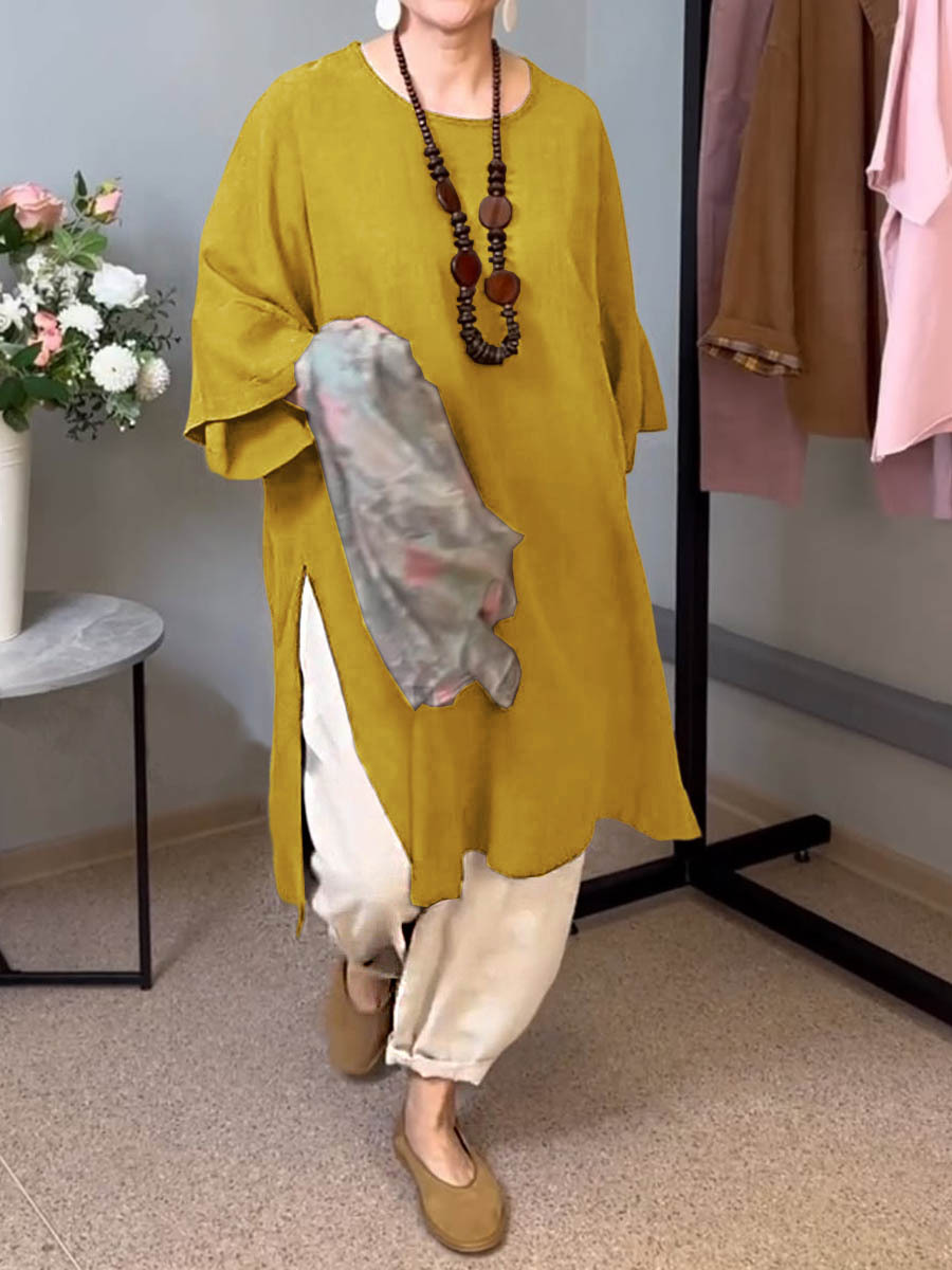 Damska jednolita bluzka z okrągłym dekoltem, 3/4 rękawami, casualowa, lniana, długa z rozcięciem