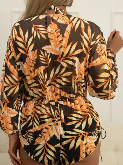 GEOMETRIC PRINT HALTER BIKINI SWIMSUIT & COVER UP 3 PIECE SET