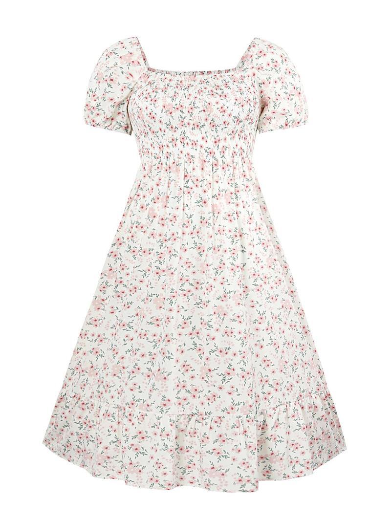 Frenchy Style Ditsy Floral Print Puff Sleeve A Line Maxi Dress, Square Neck Shirred Dress