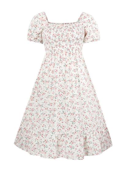 Frenchy Style Ditsy Floral Print Puff Sleeve A Line Maxi Dress, Square Neck Shirred Dress