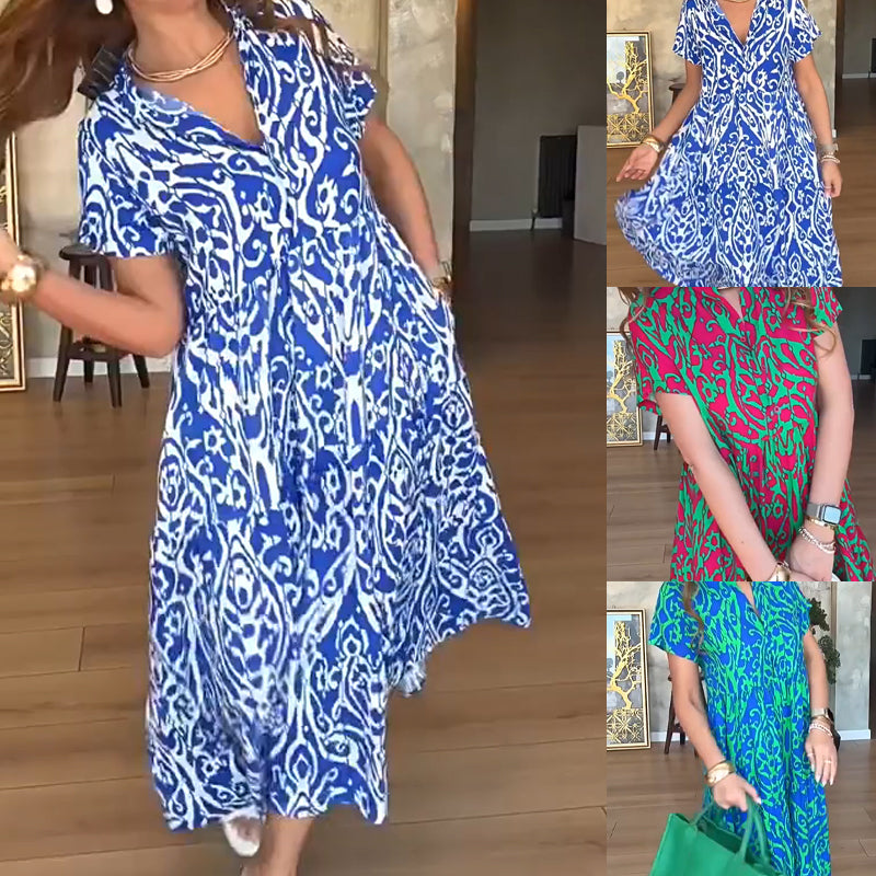 🔥👗【S-5XL】Women's elegant casual printed V-neck dress🌸